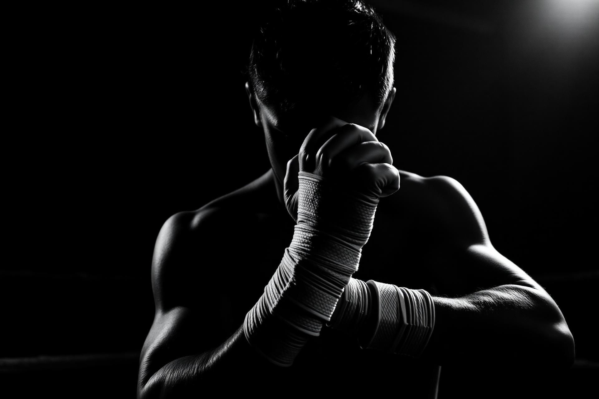 Boxeur bandant ses mains, noir et blanc